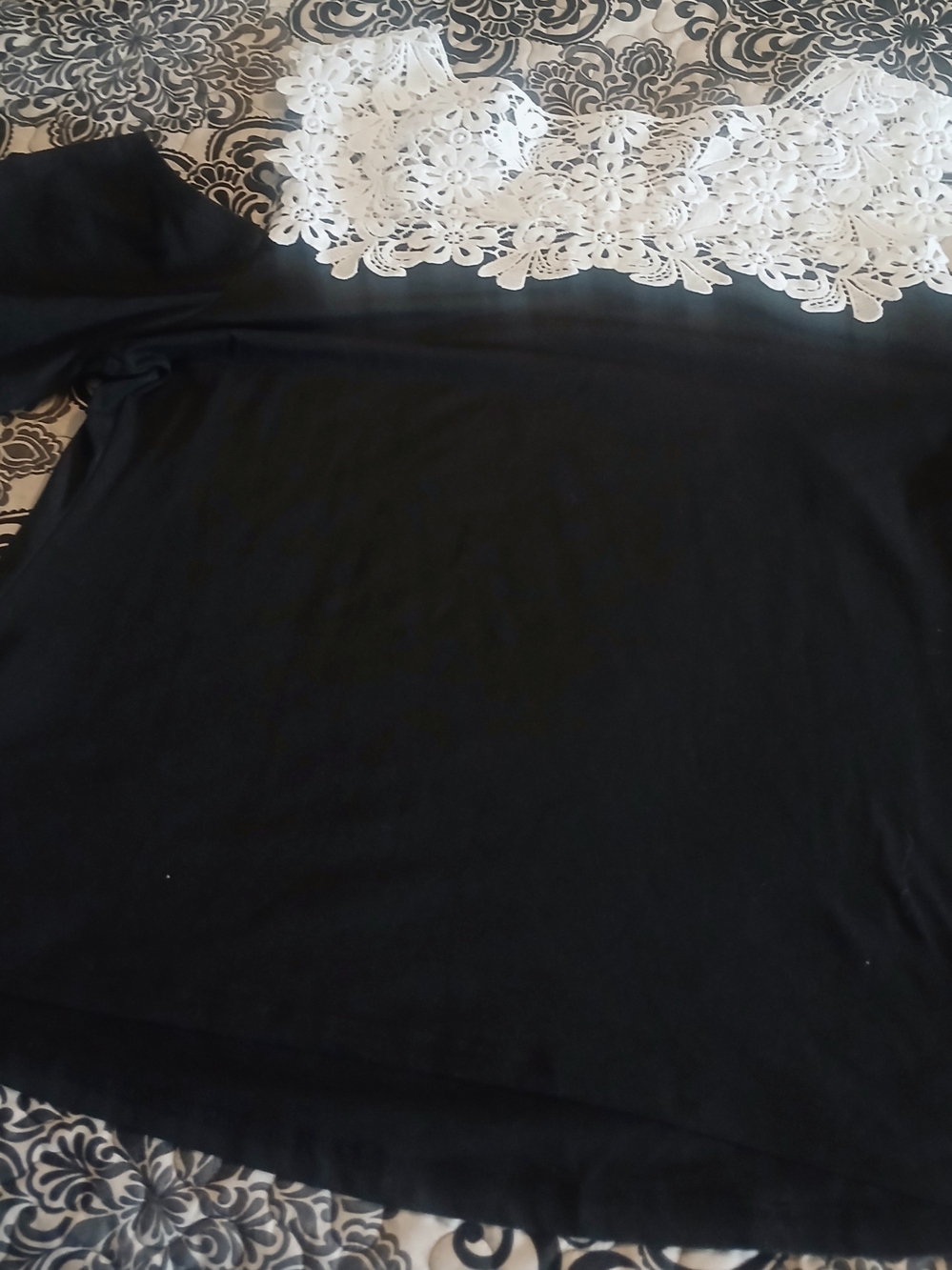 Black Short-Sleeve Top with White Floral Lace Yoke